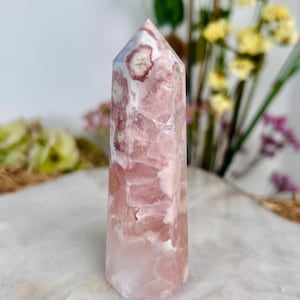 Grade AAA Natural Pink Flower Agate and Quartz Tower from Madagascar, Crystal Healing home decor, Manifestation Crystal 109g FAT01
