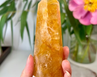Torre de sanación dorada de grado AAA: cuarzo hematoide natural para máxima sanación, abundancia y alta frecuencia energética GHC31, 197 g