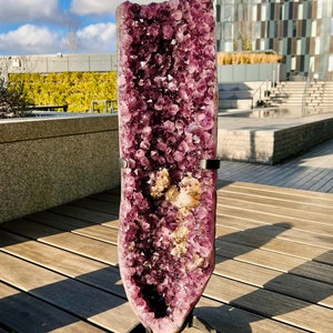 Grade AAA XL Amethyst Geode on Stand, with RARE Natural Wing-shape Calcite with Black Druzy, Unique Statement 25kg