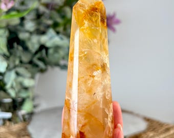 Torre de sanación dorada de grado AAA: cuarzo hematoide natural para máxima sanación, abundancia y alta frecuencia energética GHC63, 161 g