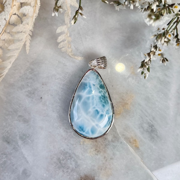 Grade AAA Natural Larimar Pendant, Handmade in Dominican Republic with 925 Silver, Chakra Healing, Inner Wisdom and Manifestation Crystal