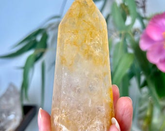 Torre de sanación dorada de grado AAA: cuarzo hematoide natural para máxima sanación, abundancia y alta frecuencia energética GHC42, 203 g