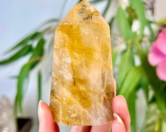 Torre de sanación dorada de grado AA+: cuarzo hematoide natural para máxima sanación, abundancia y alta frecuencia energética GHC35, 175 g