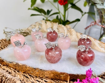 Rose Quartz and Strawberry Quartz Apples, Crystal Carving, Love and Harmony, Gift for Her