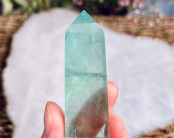May include: A light green fluorite crystal point with a pointed tip and a smooth, polished surface.