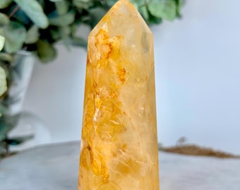 Torre de sanación dorada de grado AAA: cuarzo hematoide natural para máxima sanación, abundancia y alta frecuencia energética GHC62, 163 g