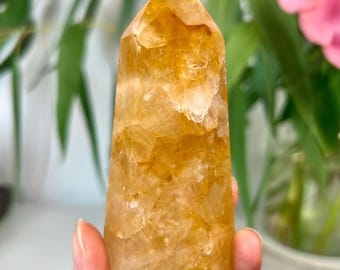 Torre de sanación dorada de grado AAA: cuarzo hematoide natural para máxima sanación, abundancia y alta frecuencia energética GHC25, 164 g