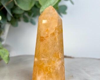 Torre de sanación dorada de grado AA: cuarzo hematoide natural para máxima sanación, abundancia y alta frecuencia energética GHC50, 154 g