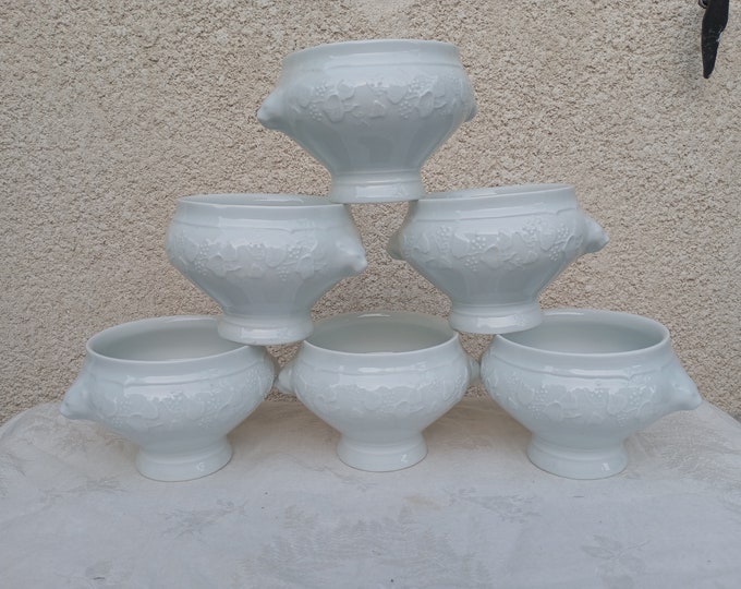 6 Antique French Soup Bowls With Lion Head Handles, White Ironstone