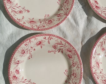 Ensemble de six assiettes plates Valence modèle Gien vintage France rose blanc Pierre de fer Terre de fer