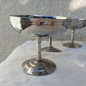 Set of 6 French vintage ice cream cups, Letang Remy french bistro metal cups, stainless steel footed dessert bowls