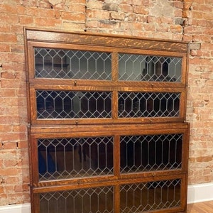 Antique Gunn Leaded Double Wide Stepback Barrister Bookcase