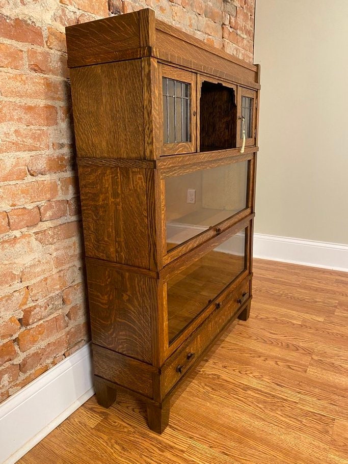 Antique Globe Wernicke Art Mission Barrister Bookcase With Leaded