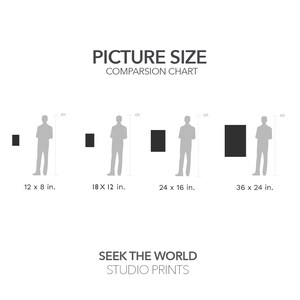May include: A comparison chart showing four different sizes of prints, with a person standing next to each print to show scale. The sizes are 12 x 8 inches, 18 x 12 inches, 24 x 16 inches, and 36 x 24 inches. The text "SEEK THE WORLD STUDIO PRINTS" is at the bottom of the chart.
