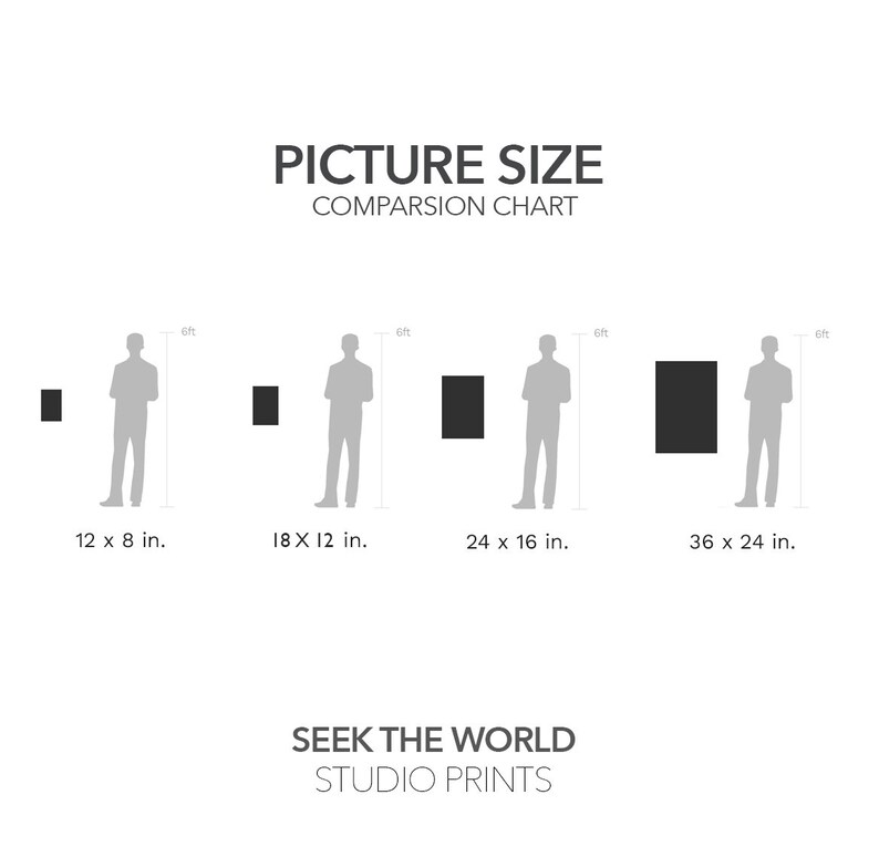 May include: A comparison chart showing four different sizes of prints, with a person standing next to each print to show scale. The sizes are 12 x 8 inches, 18 x 12 inches, 24 x 16 inches, and 36 x 24 inches. The text "SEEK THE WORLD STUDIO PRINTS" is at the bottom of the chart.