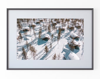 Aerial Cabins Wall Art | Lapland, Finland Pictures | Finland Prints | Rustic Wall Decor | Aerial Arts Home Decor | Large Wall Art
