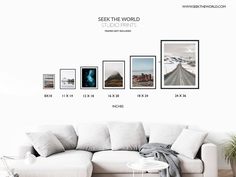 May include: A set of six framed landscape photographs in various sizes, ranging from 8x10 inches to 24x36 inches. The photos feature scenic landscapes with mountains, roads, and water.