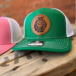 Jeep Sasquatch Trucker Hat | Leather Patch Hat | Bigfoot Hat | Richardson 112 | Green and White Snapback | Jeep Lover Gift | Outdoorsy Cap