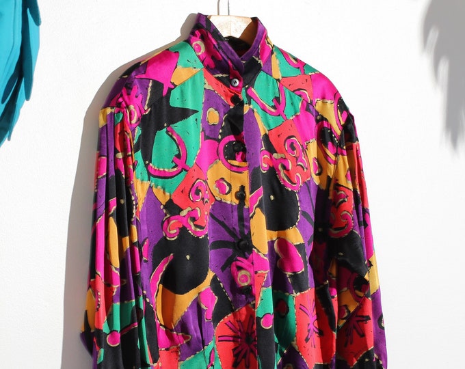 1990s Escada Jewel Tone Moon and Hearts Print Silk Blouse / S-M - Etsy