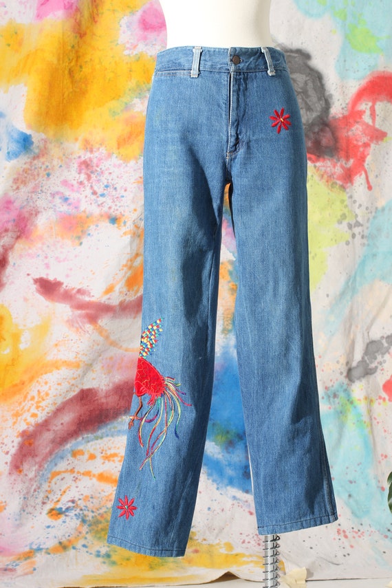 1970s Phoenix and Floral Embroidered Jeans / Small | Etsy