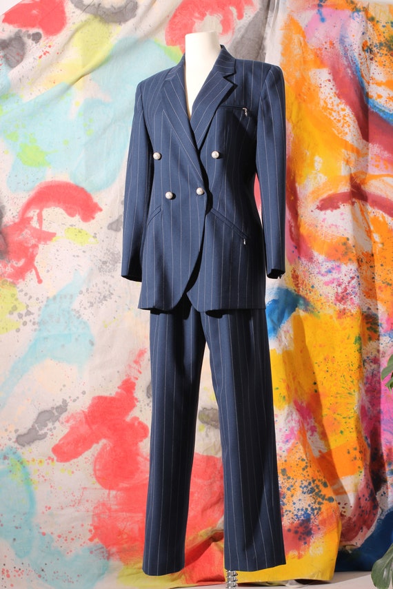 80s Anne Klein II Wool Navy Pinstripe Pant Suit Se