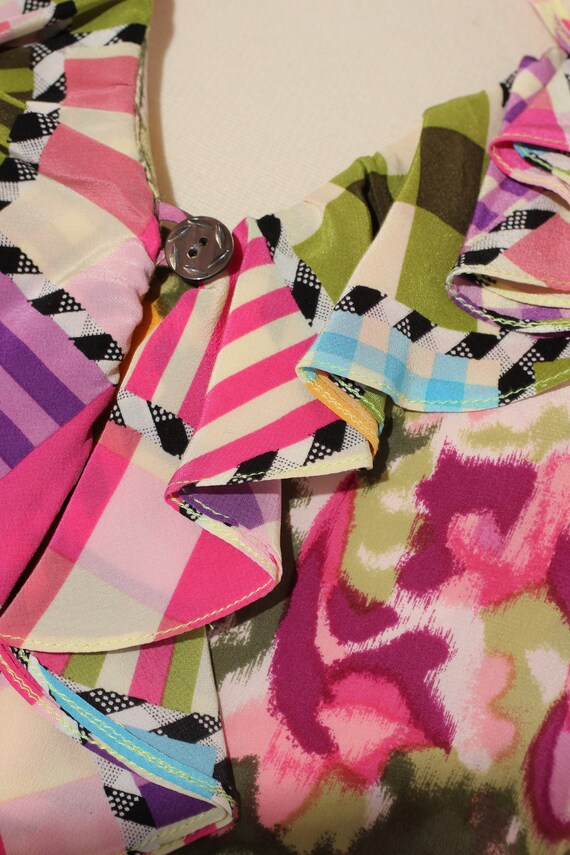 1980s Koos Van Den Akker Silk Floral and Gingham Ruff… Gem