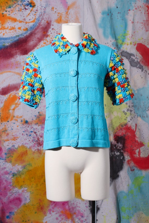 80s Aqua Art-to-Wear Knit Chenille Shag Cardigan