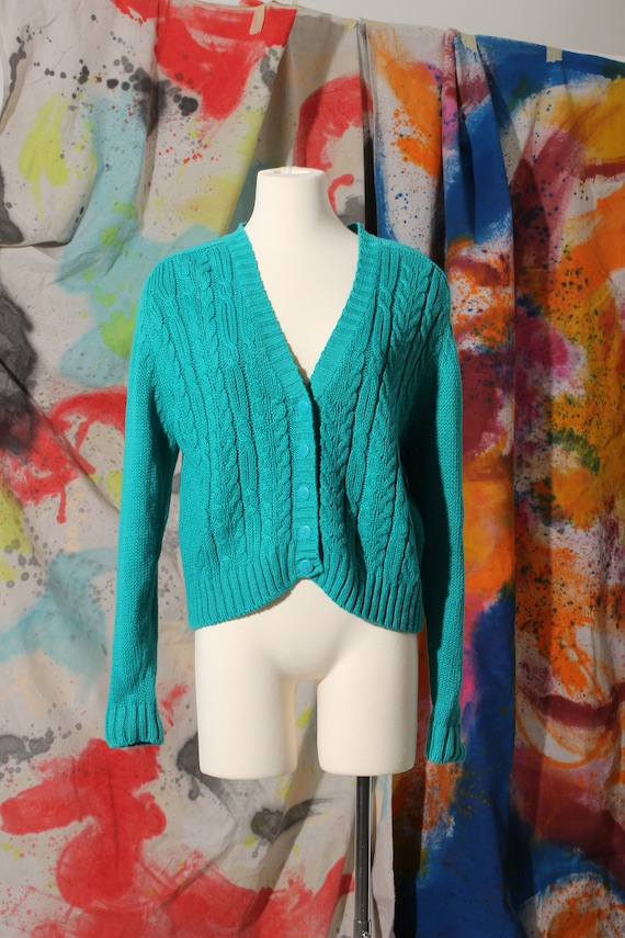 Early 90s Casual Corner Cotton Teal Cable Knit Car