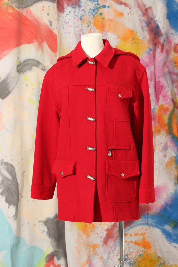 Early 1990s Red Wool Gabardine Hooded Coat / Small