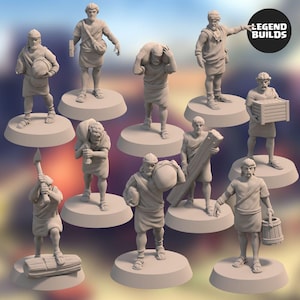 May include: A collection of ten unpainted miniature figurines depicting laborers in ancient-style tunics and sandals, each standing on a circular base. The figures are shown performing various tasks, including carrying sacks, wood, crates, and tools. The text "LEGEND BUILDS" is visible in the upper right corner.