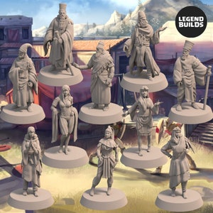 May include: A set of ten miniature figures, painted in a muted grey colour, depicting various characters wearing robes and headwear. The figures are posed on circular bases and arranged in a circle on a grassy surface. The text "LEGEND BUILDS" is visible in the top right corner of the image.