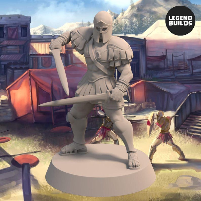 May include: A light gray figurine of a Roman soldier in a battle stance, holding two swords. The soldier wears a helmet, armor, and a skirt. The background shows a village scene and the text "LEGEND BUILDS".