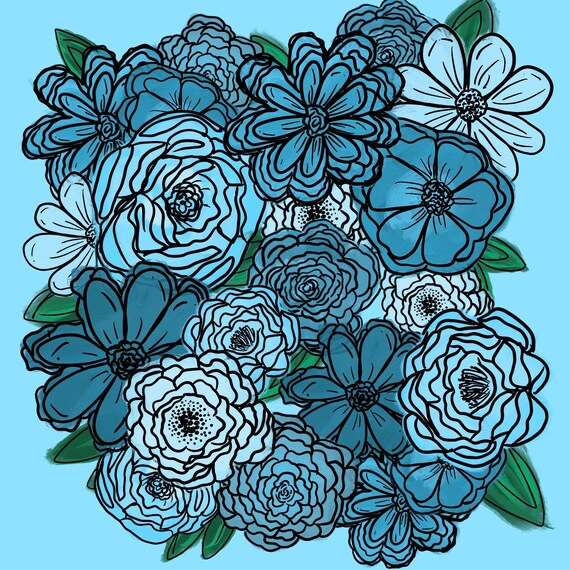 Blue Floral Art Print option téléchargement numérique Etsy