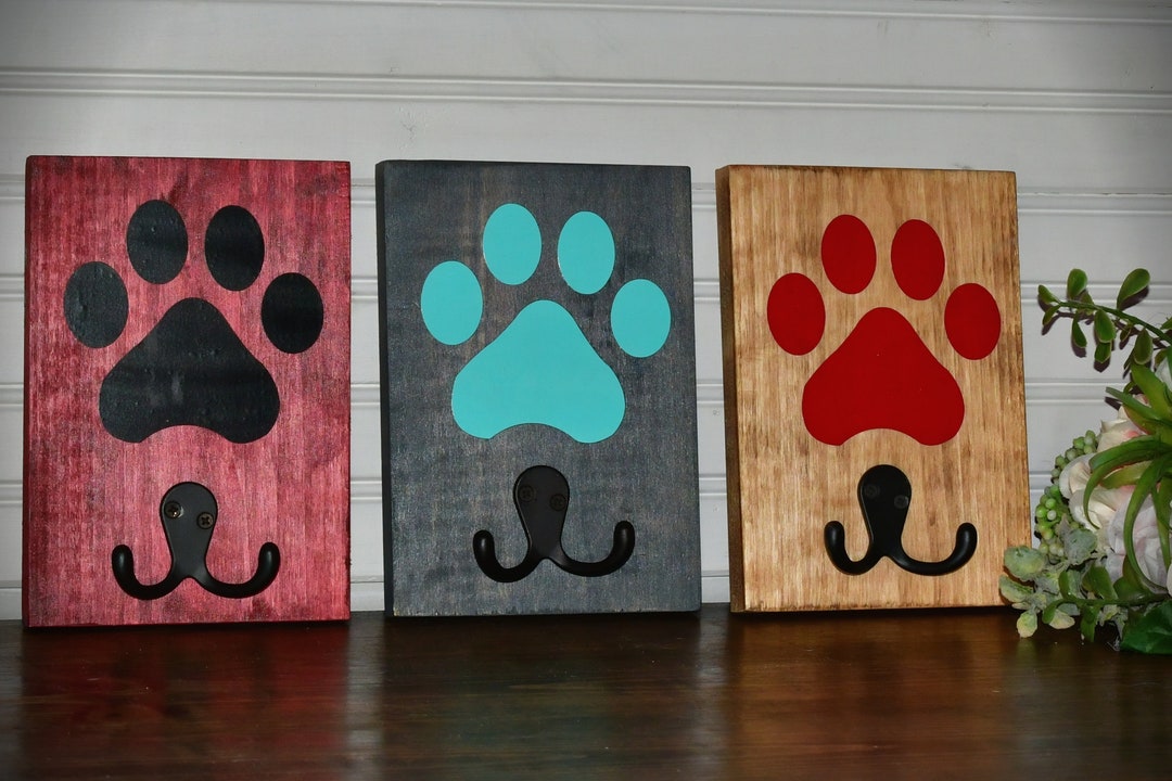Wooden Dog Leash Hanging Hook Sign Custom Dog Paw Leash Etsy