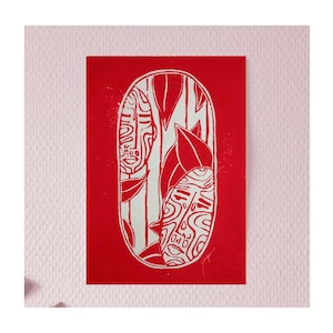 LIANES - linosnede - A5-formaat - handgemaakte print - monochroom - zwart/geel/rood