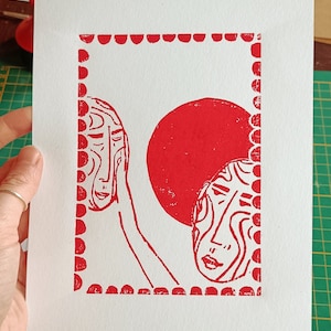LIEFDE - linosnede - A5 of A5+ formaat - handgemaakte print - monochroom rood
