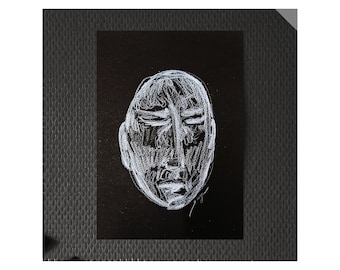 Face in negative - illustration in white watercolor pencil on 300g black paper - A5 format - handmade - original - monochrome