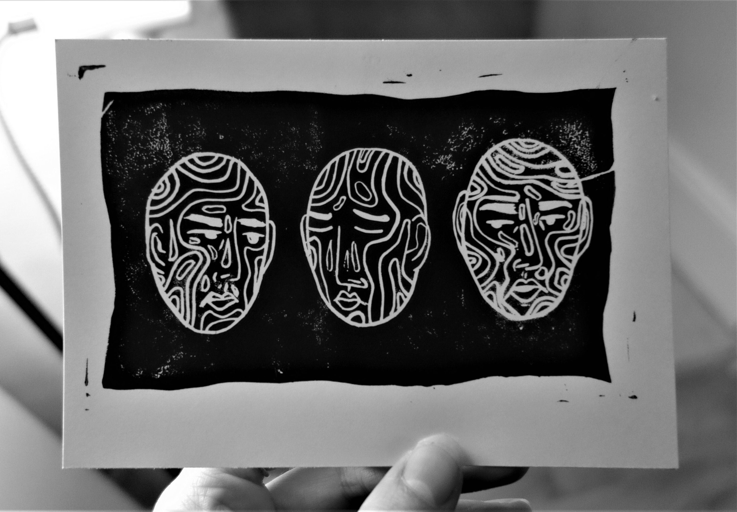 Têtes - Linogravure Format A5 ou A6 Au Choix Impression Faite Main Monochrome