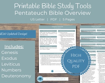 May include: Printable Bible study tools for the Pentateuch, the first five books of the Bible. The image shows a blue and white design with the text "NEW Updated Design!" and "Includes: Genesis, Exodus, Leviticus, Numbers, Deuteronomy". The image also shows a close-up of a page with the title "Genesis Overview" and a list of topics covered in the book of Genesis.