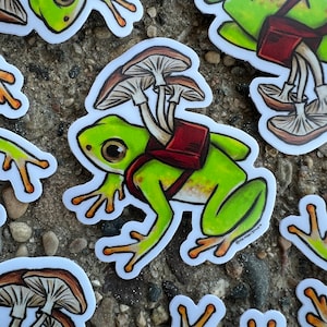 Green Frog Mushroom Forager Sticker, Weatherproof Matte Vinyl Sticker