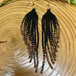 Matte Gold/Black Wings - Indigenous-made Fringe Earrings