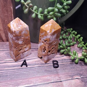 May include: Two polished stone obelisks with a mix of tan, brown, and white colors. The obelisks have a rectangular base and a pointed top. The background includes green plants and a wooden surface. Letters A and B are at the base of each obelisk.