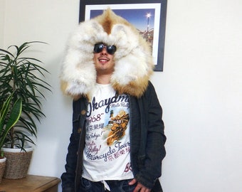 Amazing Denim Coat / Jacket With Massive Arctic / Red Fox Fur Hood [ Men's /  Unisex ]