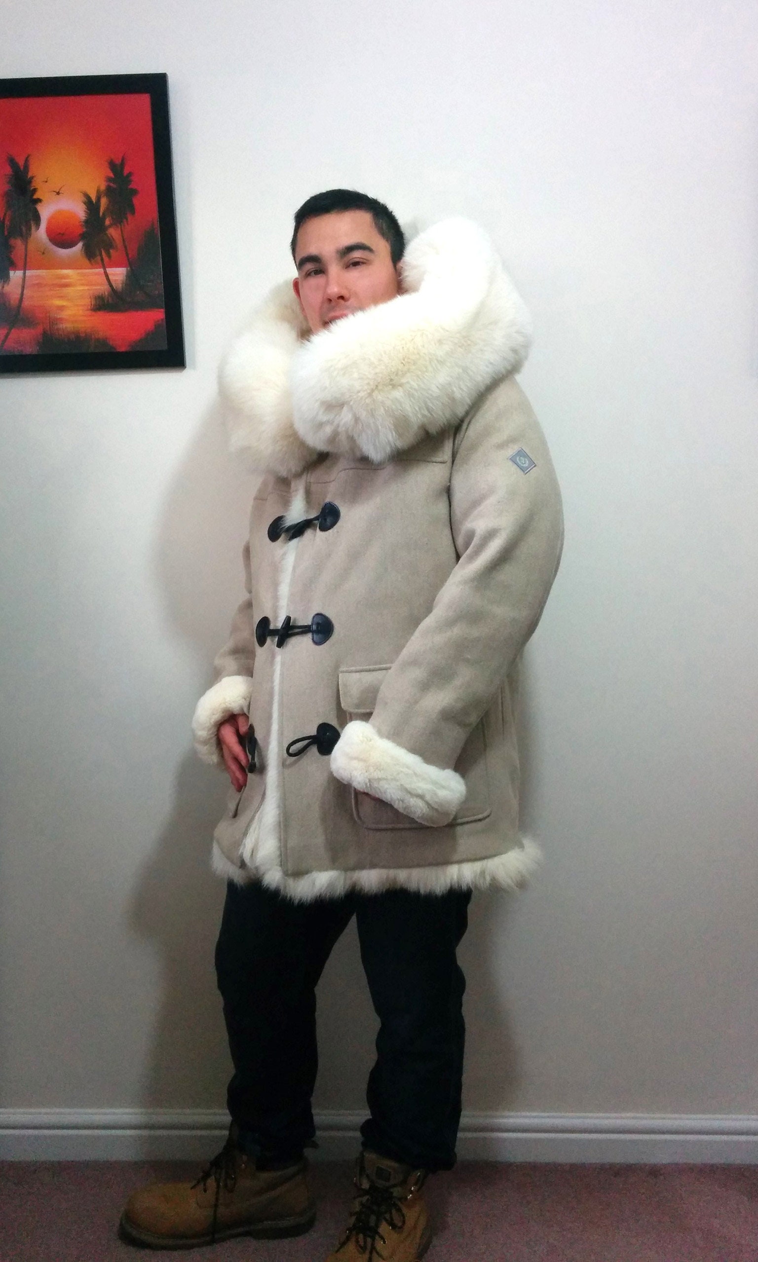 Unique Arctic Fox Fur Lined Hooded Men's Duffel Coat