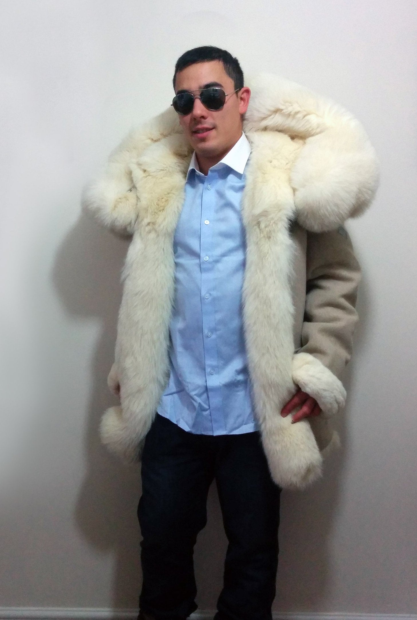 Men Winter White Fur Coat Long Sleeve Faux Wool Fur Outerwear