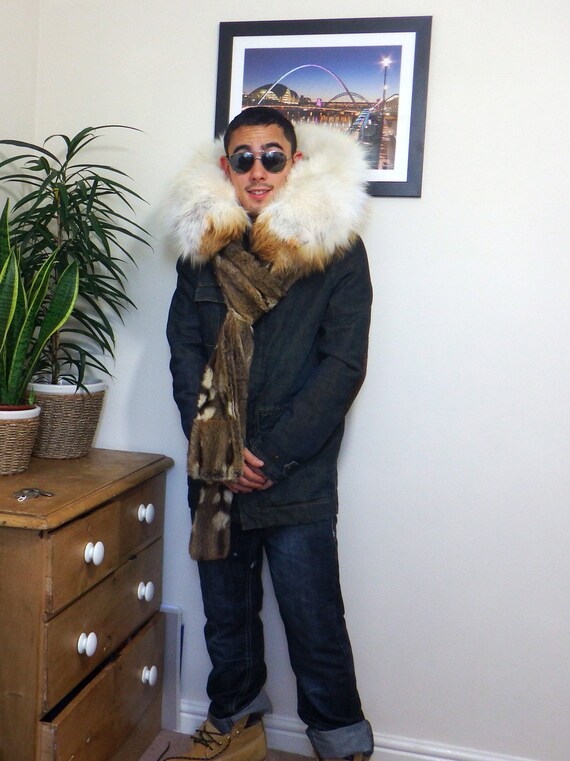 Denim jacket with fur hood hot sale