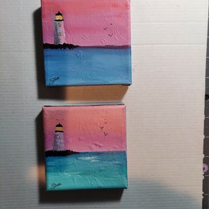 Sunset Lighthouse, Acrylic Painting, 4 x 4 inches
