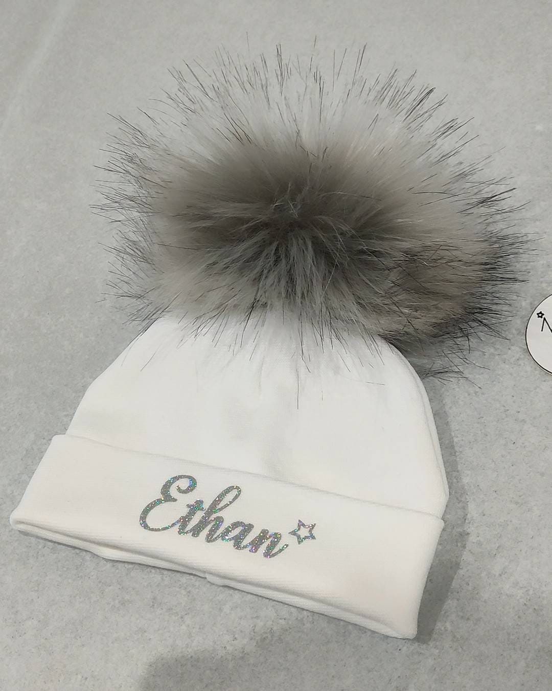 Personalised Baby Pom Pom hat. Also available in Grey Blue Etsy