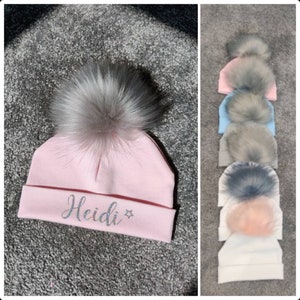 Personalised Baby Pom Pom hat. Also available in Grey, Blue and Pink.