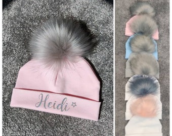 Personalised Baby Pom Pom hat. Also available in Grey, Blue and Pink.